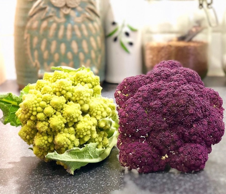 homegrown purple and romanesco broccoli